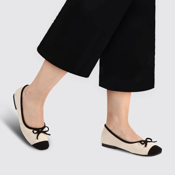 🆕Women Apricot Faux Suede Cap Toe Bow Slip On Flats Square Toe Dressy Shoes - Picture 5 of 7